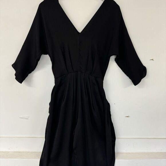 Milly Silk V Neck 3/4 Sleeve Pleated Belted Pant Jumpsuit Dressy Black Size 0 - Picture 4 of 16